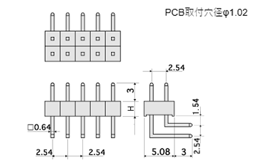 基板垂直取付端子(固定L型) / MLW(T〇) ピン(角ピン)2.54mmピッチ ライトアングル(2列) 製品図面