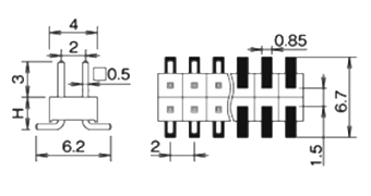 ナイロン製品 ピンヘッダー / PSM-22(T〇) ピン(角ピン)2.00mmピッチ SMTストレート(2列)(差込ピン長4mm) 製品図面