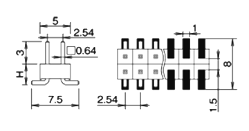 ナイロン製品 ピンヘッダー / PSM-42(T〇) ピン(角ピン)2.54mmピッチ SMTストレート(2列) 製品図面