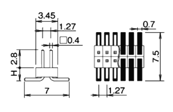 ナイロン製品 ピンヘッダー / PSM-72(T〇) ピン(角ピン)1.27mmピッチ SMT(2列) 段重ね固定型 製品図面