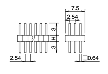 PBT ピンヘッダー PSS-43(T〇) ピン(角)2.54mmピッチ ストレート(3列) 段重ね固定型/回路切替型 ピン6.1mm 製品図面