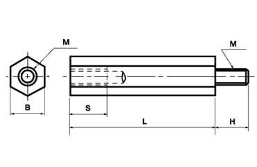 鉄(ROHS2対応) 六角支柱スペーサー(オス+メスねじ) 製品図面