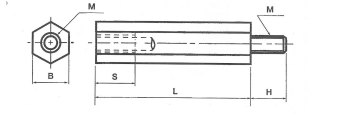 黄銅(カドミレス) 六角支柱スペーサー(オス+メスねじ) 製品図面