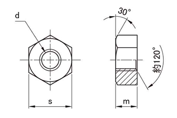 ステンレス SUS304L 六角ナット(1種・切削)(インチ・ウイット)(極低炭素) 製品図面