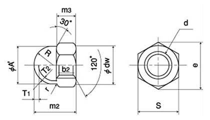 鉄 袋ナット(3形)(インチ・ウイット) 製品図面