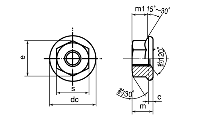 鉄 フランジナット セレート付き (ツバ径大) 製品図面