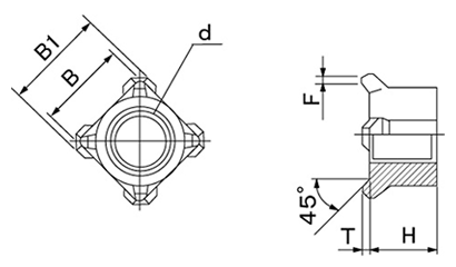 鉄 四角ウエルドナット(溶接) 1D形(パイロット無)(インチ・ウイット) 製品図面
