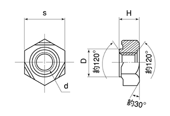 鉄 六角ウエルドナット(溶接) 1A形(パイロット付)(オーバータップ付き)(紀州ファスナー) 製品図面