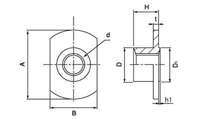 鉄 T型ウエルドナット(溶接)(2A)(JIS規格) パイロット付 ダボ無(細目) 製品図面