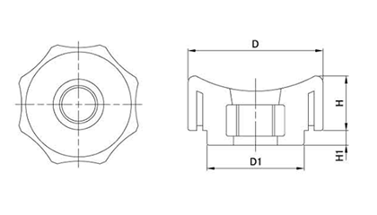 グリップナット(黒PP樹脂) E1貫通タイプ(30mm径) ねじ部鉄 (大丸鋲螺) 製品図面