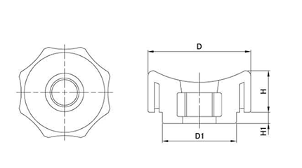 グリップナット(黒PP樹脂) E2貫通タイプ(40mm径) ねじ部鉄 (大丸鋲螺) 製品図面