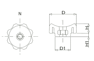 グリップナット(黒PP樹脂) E3貫通タイプ(50mm径) ねじ部鉄 (大丸鋲螺) 製品図面