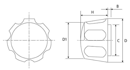 白 花ナット(NO.1)ポリアミド樹脂 花弁型 ねじ部黄銅 製品図面