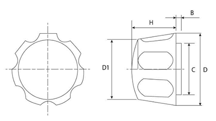 白 花ナット(NO.2)ポリアミド樹脂 花弁型 ねじ部黄銅 製品図面