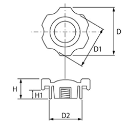 グリップナット 黒 ABS樹脂 G1(小型)菊型 ねじ部黄銅 (大丸鋲螺) 製品図面