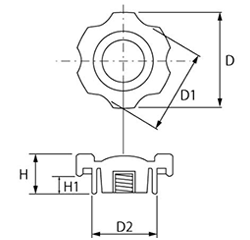 グリップナット 黒 ABS樹脂 G2(中型)菊型 ねじ部黄銅 (大丸鋲螺) 製品図面