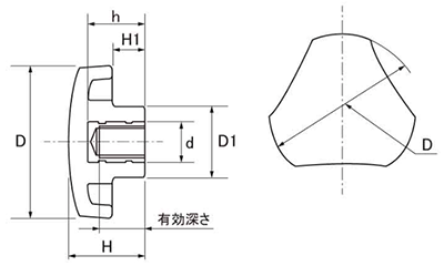 グリップナット S1タイプ 三角形 ねじ部黄銅 (大丸鋲螺) 製品図面