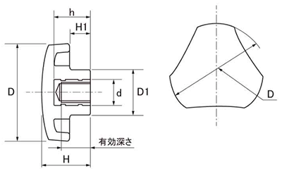 グリップナット S3タイプ 三角形 ねじ部黄銅 (大丸鋲螺) 製品図面