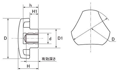 グリップナット S4タイプ 三角形 ねじ部黄銅 (大丸鋲螺) 製品図面
