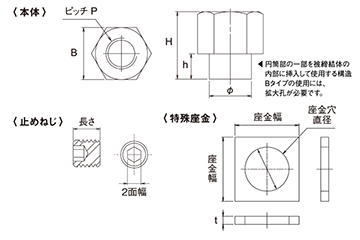 鉄 ロングネジナット座金付き(Bタイプ・出代短タイプ)(アンカーボルト緩み止めナット) 製品図面