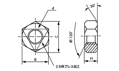 鉄 センターロックナット(3種)(ゆるみ止めナット) 製品図面