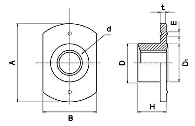 鉄 T型ウエルドナット(溶接)(1A)パイロット付 ダボ付 (大箱ばら入り) 製品図面