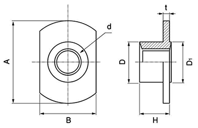 鉄 T型ウエルドナット(溶接)(2A)パイロット付 ダボ無 (大箱ばら入り) 製品図面
