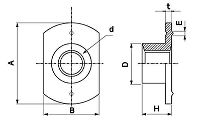 鉄 T型ウエルドナット(溶接)(1B)パイロット無 ダボ付 (大箱ばら入り) 製品図面