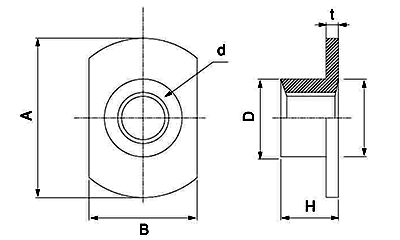 鉄 T型ウエルドナット(溶接)(2B)パイロット無 ダボ無 (大箱ばら入り) 製品図面