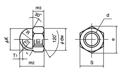 鉄 袋ナット(3形)(インチ・ウイット)(輸入品) 製品図面