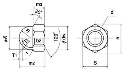 ステンレス 袋ナット(3形)(インチ・ウイット) 製品図面