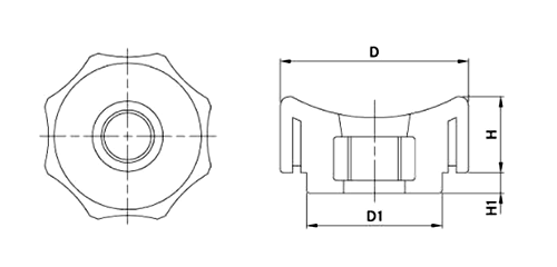 グリップナット(黒PP樹脂) E1貫通タイプ(30mm径) ねじ部ステンレス (大丸鋲螺) 製品図面