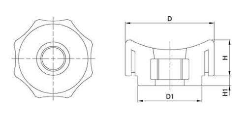 グリップナット(黒PP樹脂) E2貫通タイプ(40mm径) ねじ部ステンレス (大丸鋲螺) 製品図面