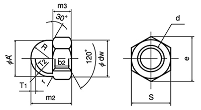 ステンレス 袋ナット(インチ・ウイットネジ)(輸入品) 製品図面