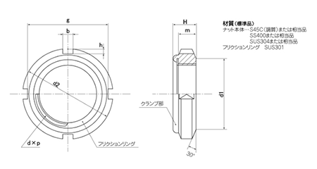 鋼 S45C(H)(焼入れ) ファインUナット(ベアリング用) 製品図面