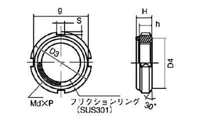 鋼 S45C(H)(焼入れ) ファインUナット(左ねじ)(ベアリング用) 製品図面
