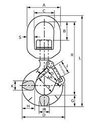 鋼 クロスビー スイベルフック (L-322AN)(はずれ止め安全フック付き) 製品図面