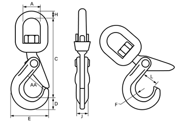 鋼 クロスビー スイベル式 ロッキングフック (S1326)(はずれ止め安全フック付き) 製品図面