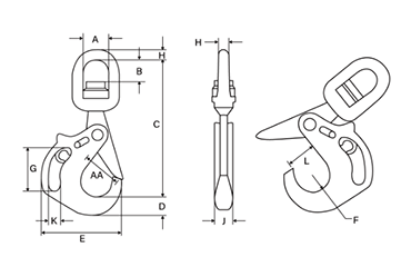 鋼 クロスビー ハンドルフック (S1316AH)(はずれ止め安全フック付き) 製品図面