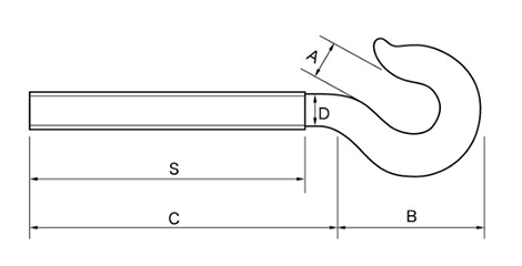 鉄 ターンバックル用 フック型ボルトのみ(右ねじ)(インチ・ウイット)(ダイロック品) 製品図面