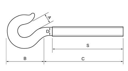 鉄 ターンバックル用 フック型ボルトのみ(左ねじ)(インチ・ウイット)(ダイロック品) 製品図面