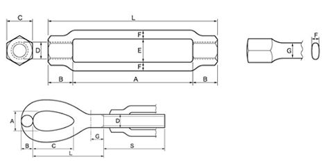 鉄 型打式ターンバックル(両オーフ/アイ)(インチ・ウイット)(ダイロック品) 製品図面