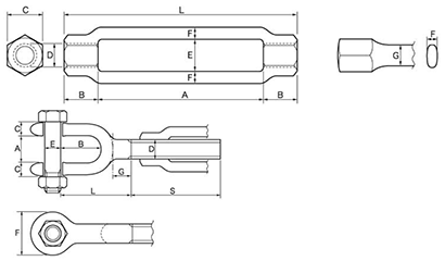 鉄 型打式ターンバックル(両ジョウ)(インチ・ウイット)(ダイロック品) 製品図面