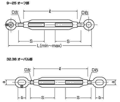 鉄 割枠式ターンバックル(両オーフ/アイ)(コンドーテック品) 製品図面