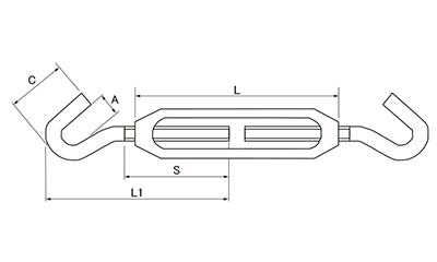 SM(亜鉛ダイカスト製)枠式ターンバックル(両フック)(浪速鉄工) 製品図面