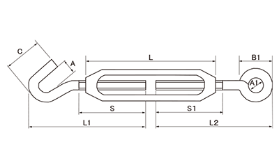 SM(亜鉛ダイカスト製)枠式ターンバックル(フック+オーフ)(浪速鉄工) 製品図面