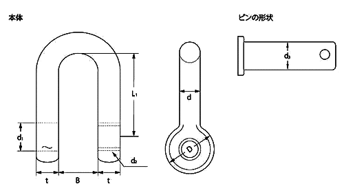 鉄 TAIYO シャックル SAストレート型 (大洋製器工業)(インチ・ウイット) 製品図面