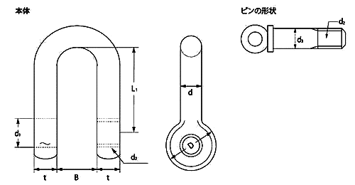 鉄 TAIYO シャックル SEストレート型 (大洋製器工業)(インチ・ウイット) 製品図面