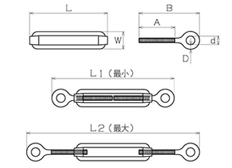 ステンレス 割り枠式ターンバックル(アイ&アイ)(Wオーフ)(ミリネジ)(輸入品) 製品図面
