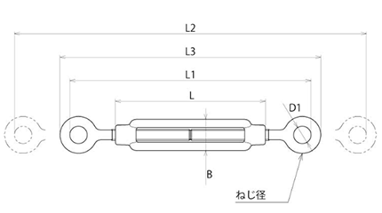 浅野金属工業 ステンレス 枠式ターンバックル (両オーフ/アイ)(AK)(ミリ) 製品図面